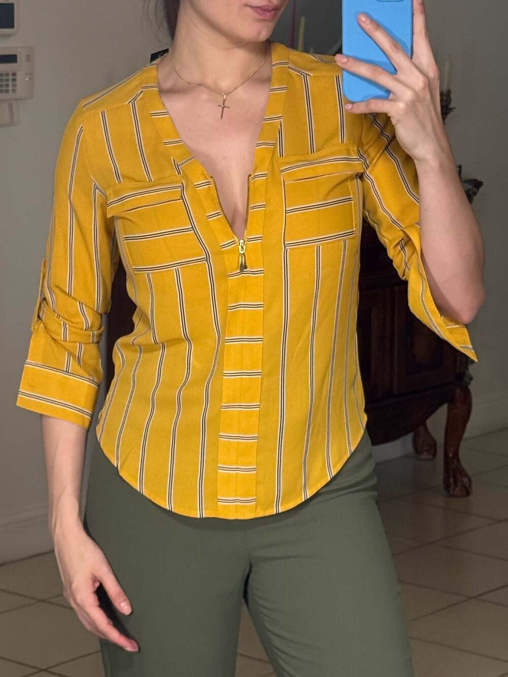 Express Yellow & Black Striped V-Neck Zip Front Roll-Up Sleeve Blouse Top XS